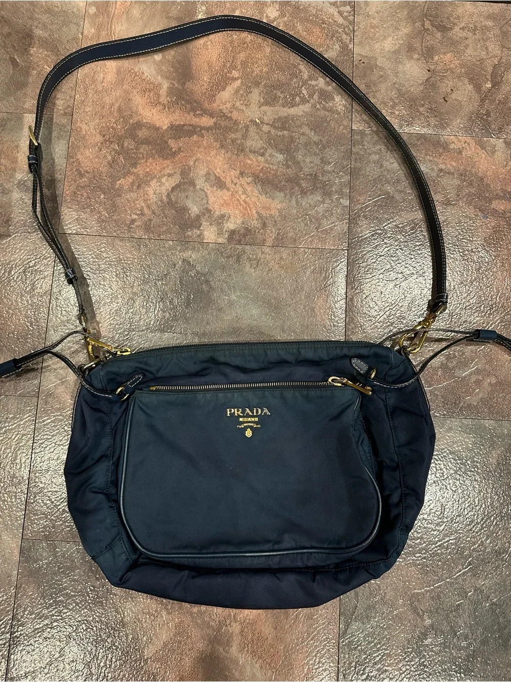 Prada Navy Blue Nylon Hobo with Gold Hardware